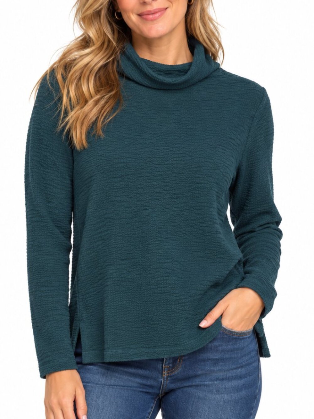 SNO SKINS Textured Mock Neck Long Sleeve Top Teal Medium Stretch Relaxed Casual